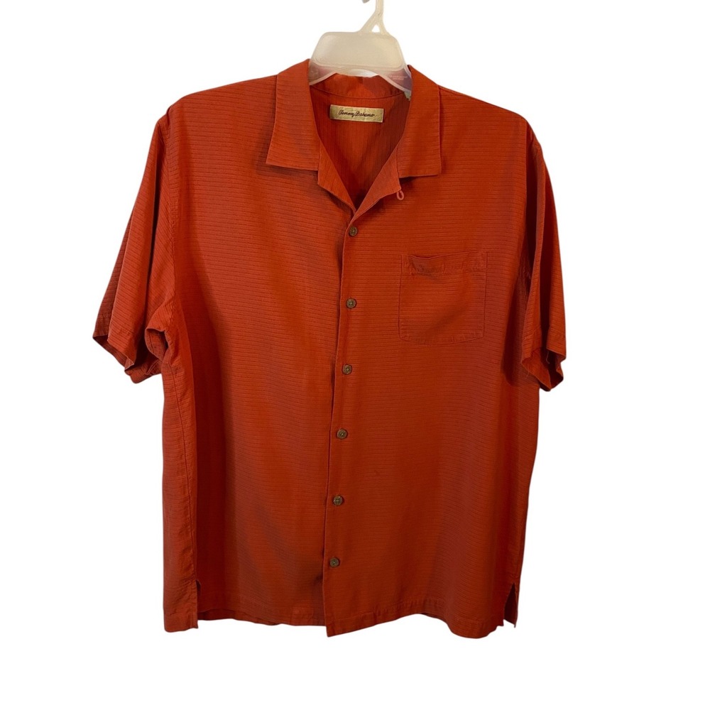 Tommy Bahama Mens XL 100% Silk Short Sleeve Button Down Shirt Red Textured